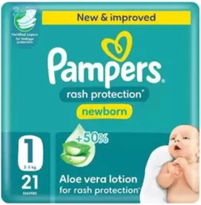Pampers Newborn Rash Protection Baby Diapers with Aloe Vera Lotion, Size 1, 2-5kg- 21pcs Pampers Newborn Rash Protection Baby Diapers with Aloe Vera Lotion, Size 1, 2-5kg- 21pcs - baby diapers