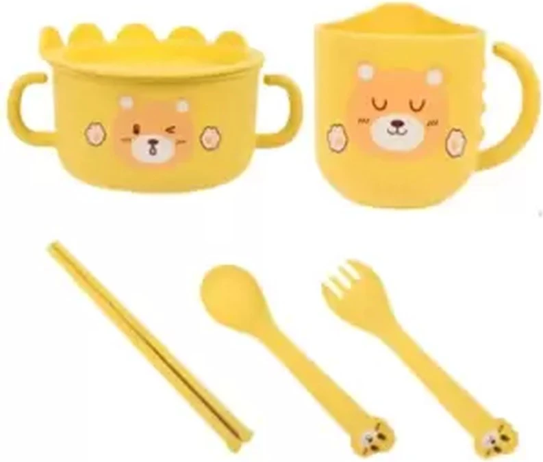 Cute Cartoon Bear Printed Childrens Dining Set With Bowl, Cup, Spoon, Fork And Chopstick- Yellow Cute Cartoon Bear Printed Childrens Dining Set With Bowl, Cup, Spoon, Fork And Chopstick- Yellow - baby feeding set