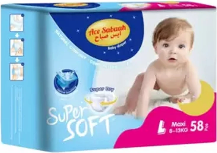 Ace Sabaah Super Dry And Super Soft Baby Diaper Large Size, 8-13kg- 58pcs Ace Sabaah Super Dry And Super Soft Baby Diaper Large Size, 8-13kg- 58pcs - baby diapers