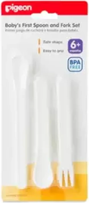 Pigeon BPA Free Babies First Weaning Spoon And Fork 3pcs Plastic Set- White Pigeon BPA Free Babies First Weaning Spoon And Fork 3pcs Plastic Set- White - baby feeding set